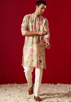 Beige Printed Cotton Kurta Set For Men