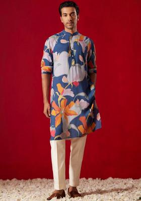 Navy Blue Printed Cotton Kurta Set For Men