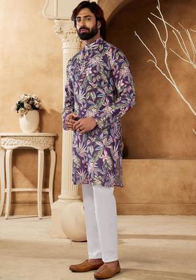 Purple Printed Silk Kurta Set For Men