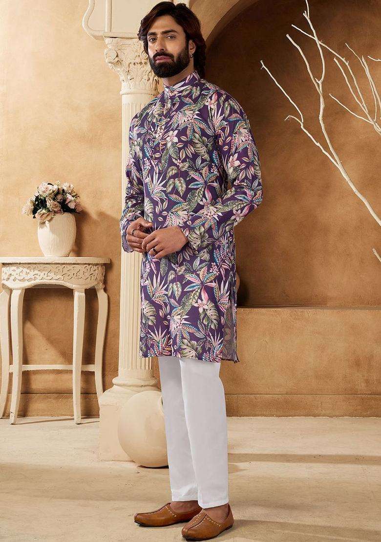 Purple Printed Silk Blend Kurta Set For Men - Indya
