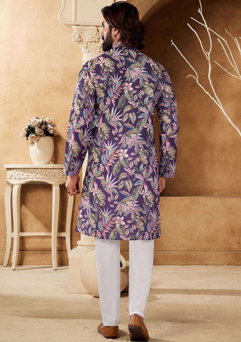 Purple Printed Silk Blend Kurta Set For Men - Indya