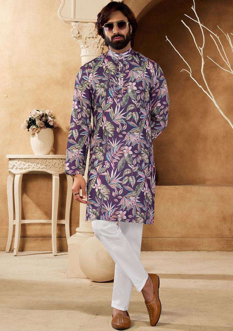 Purple Printed Silk Blend Kurta Set For Men - Indya