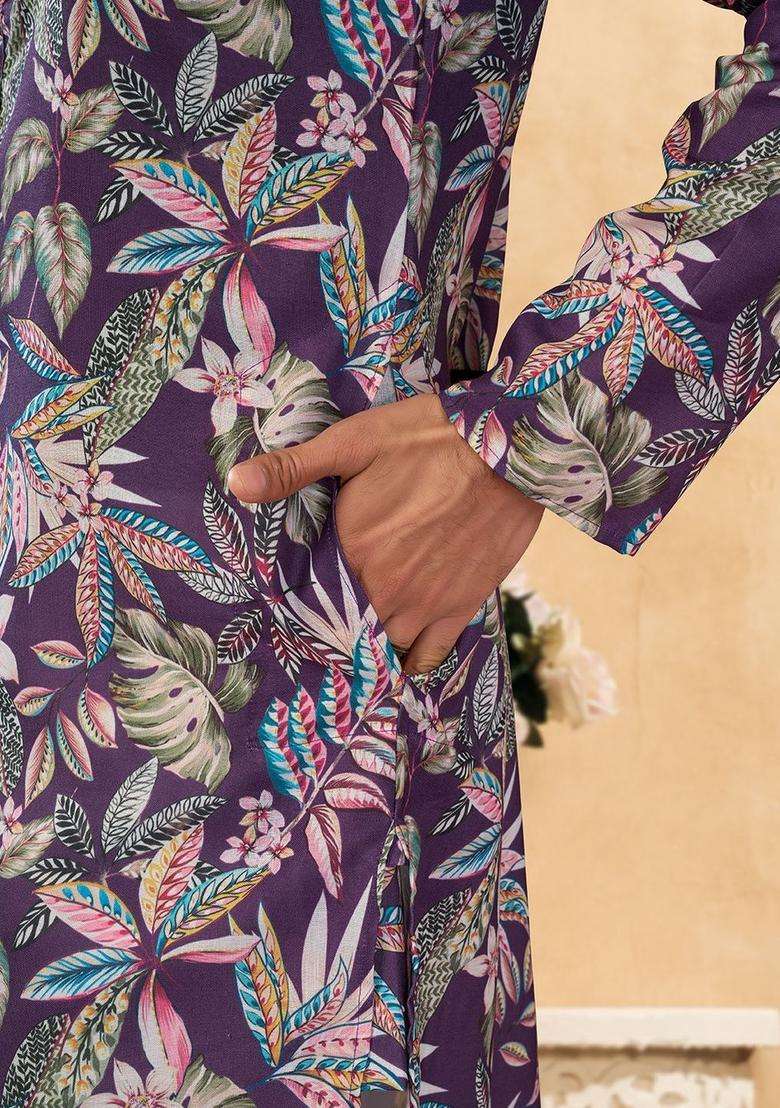 Purple Printed Silk Blend Kurta Set For Men - Indya