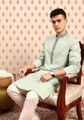 Blue Woven Design Polyester Kurta Set For Men