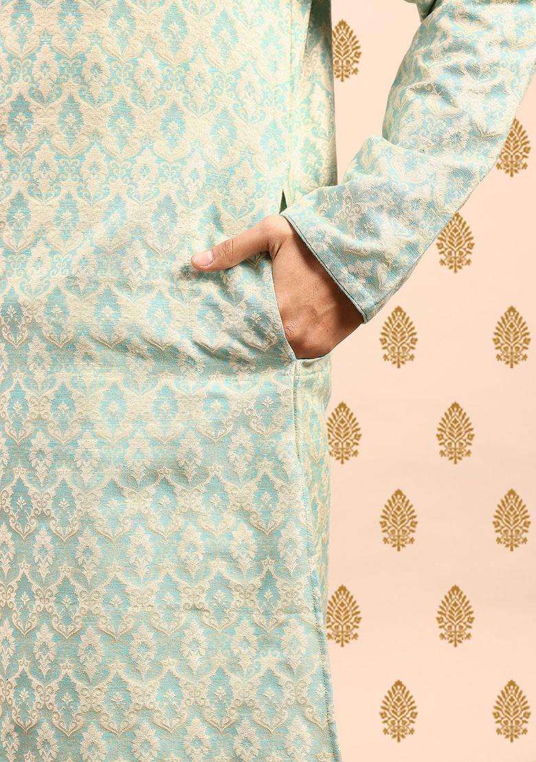 Blue Woven Design Polyester Kurta Set For Men - Indya