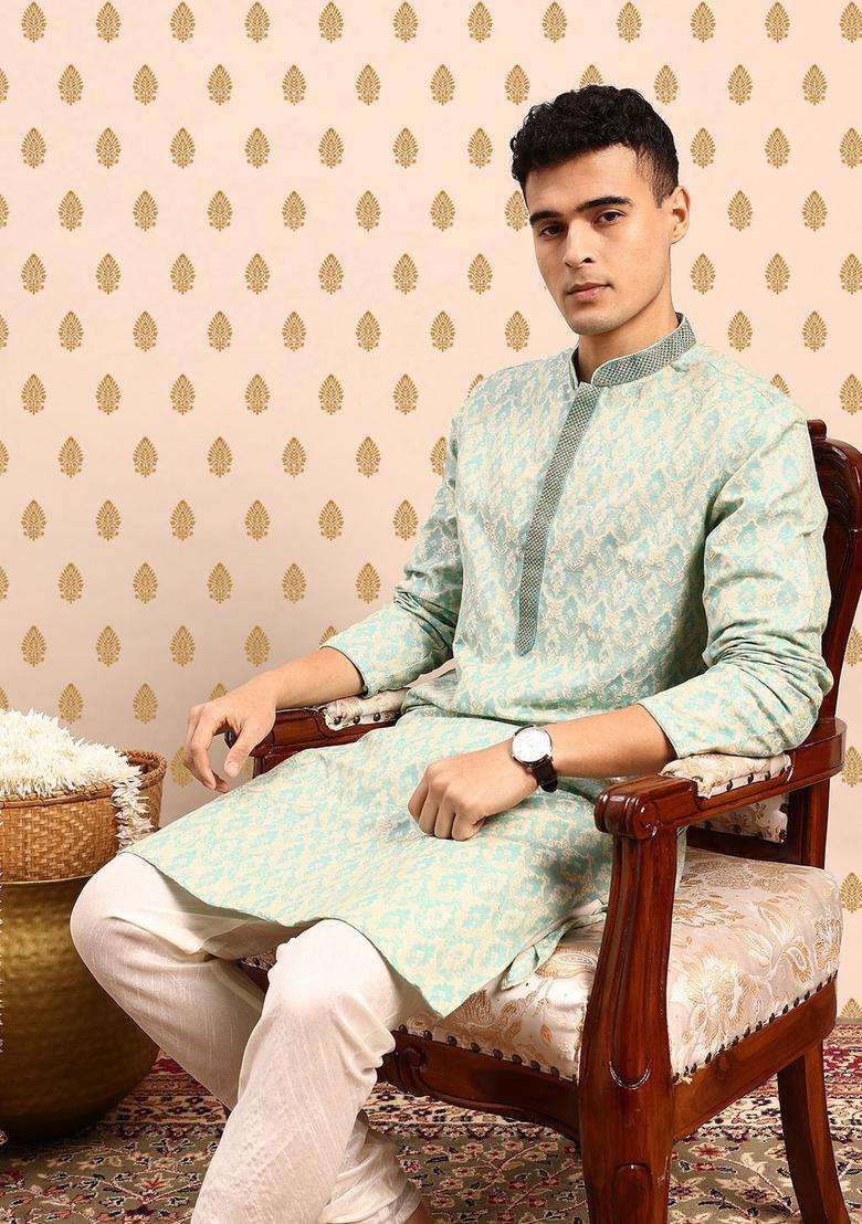 Blue Woven Design Polyester Kurta Set For Men - Indya