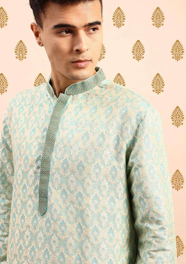Blue Woven Design Polyester Kurta Set For Men - Indya