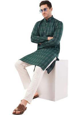 Green Printed Cotton Kurta Set For Men