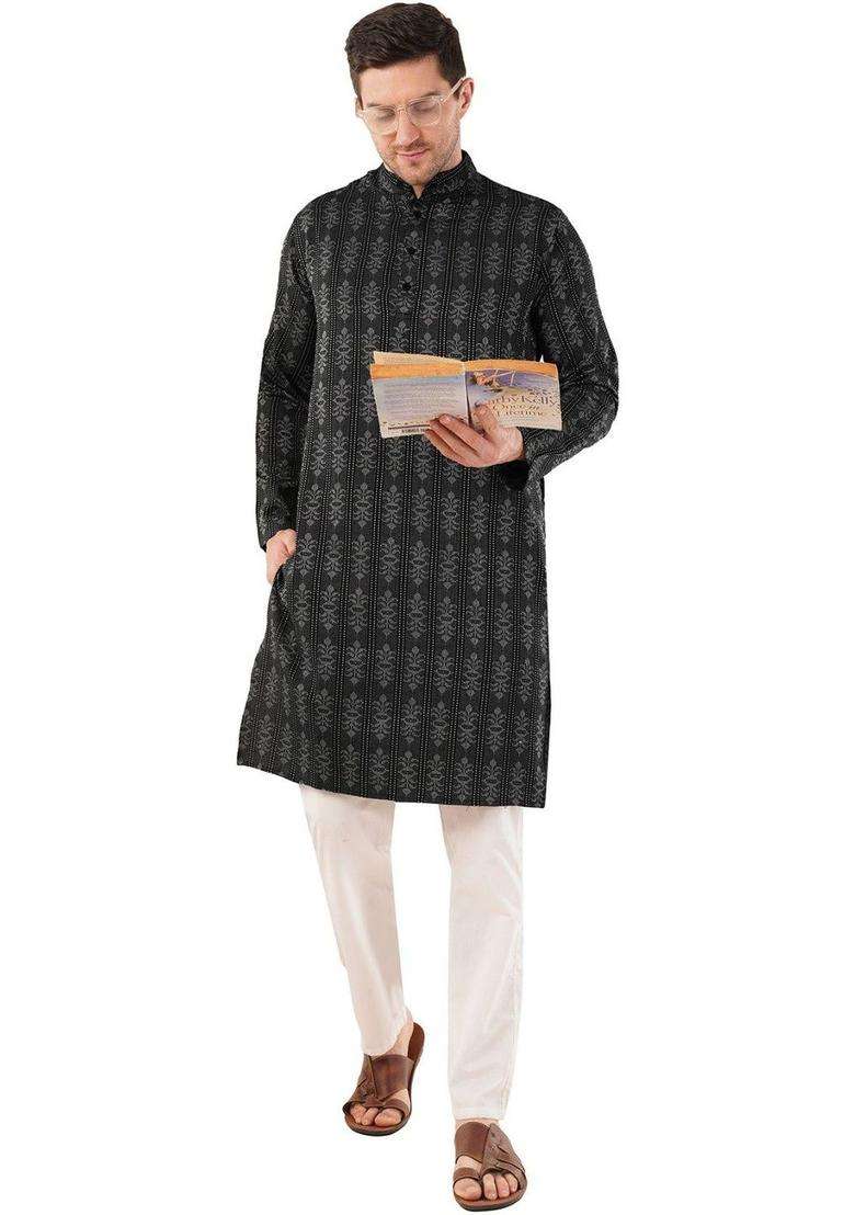 Black Woven Design Cotton Kurta Set For Men - Indya