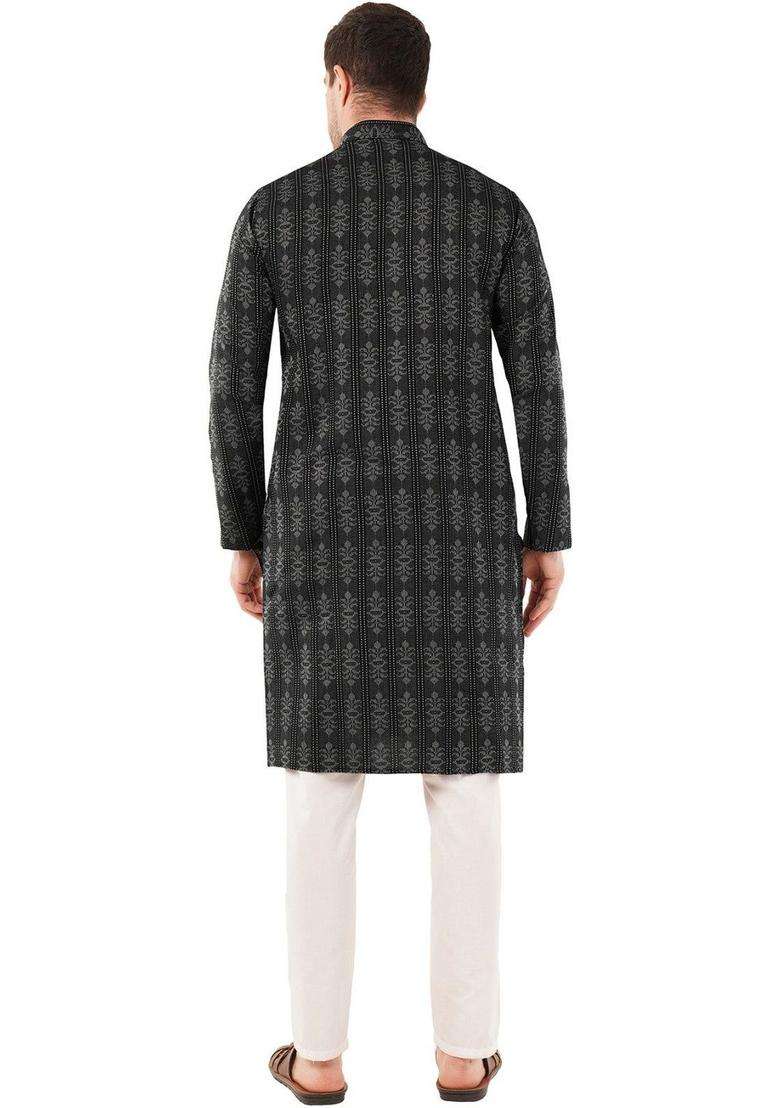 Black Woven Design Cotton Kurta Set For Men - Indya