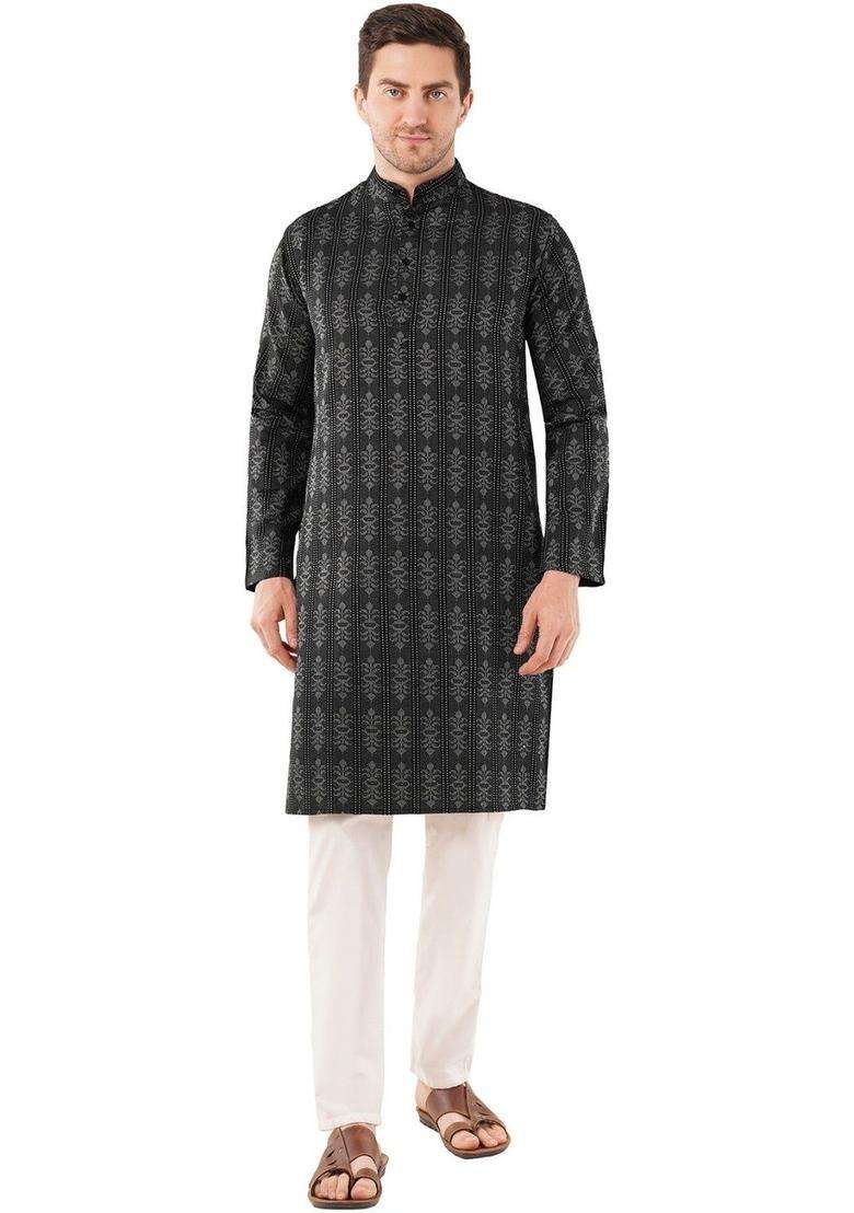 Black Woven Design Cotton Kurta Set For Men - Indya