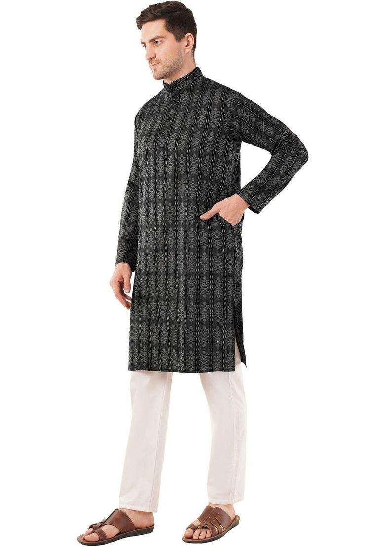 Black Woven Design Cotton Kurta Set For Men - Indya