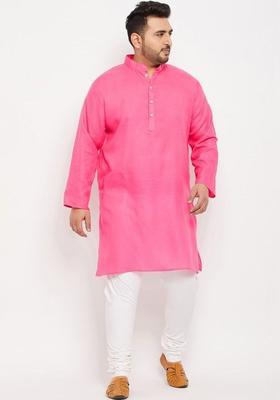 Pink Solid Cotton Kurta Set For Men
