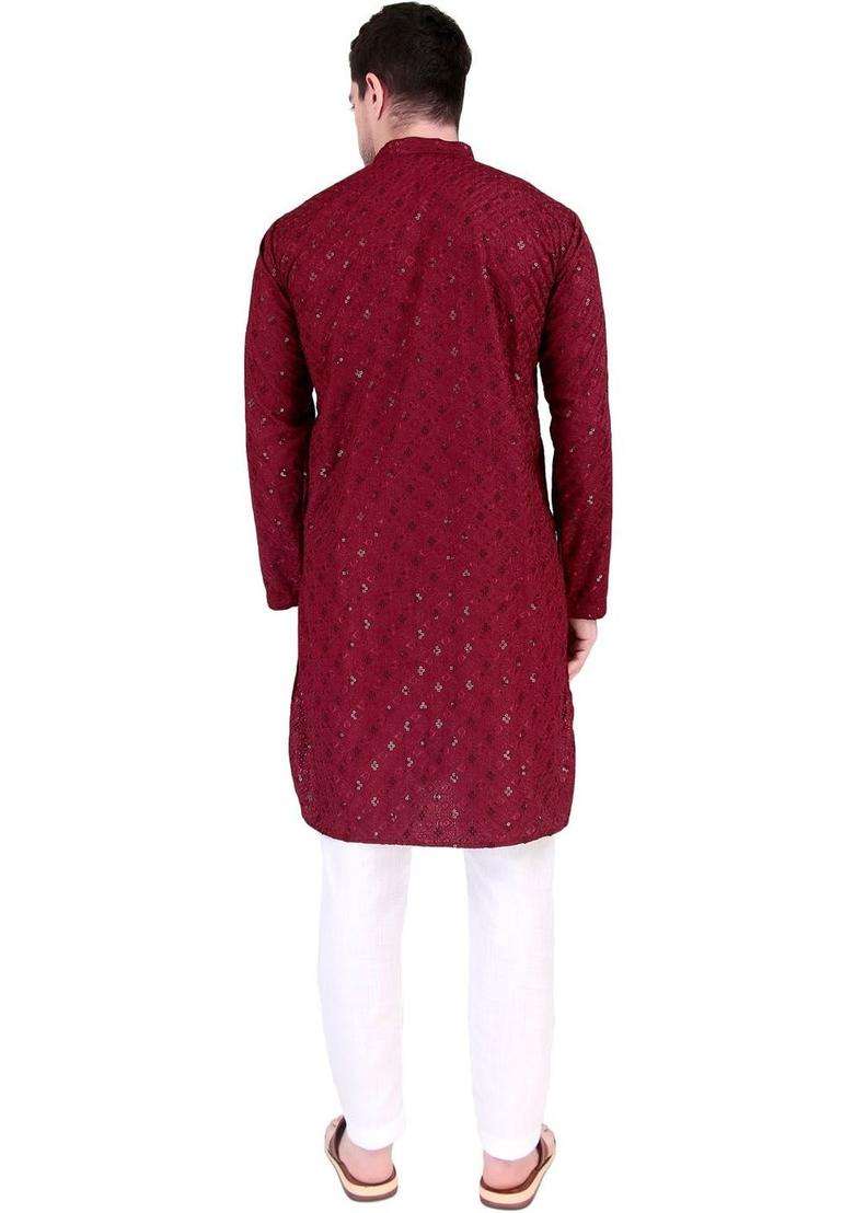 Maroon Printed Cotton Kurta Set For Men - Indya