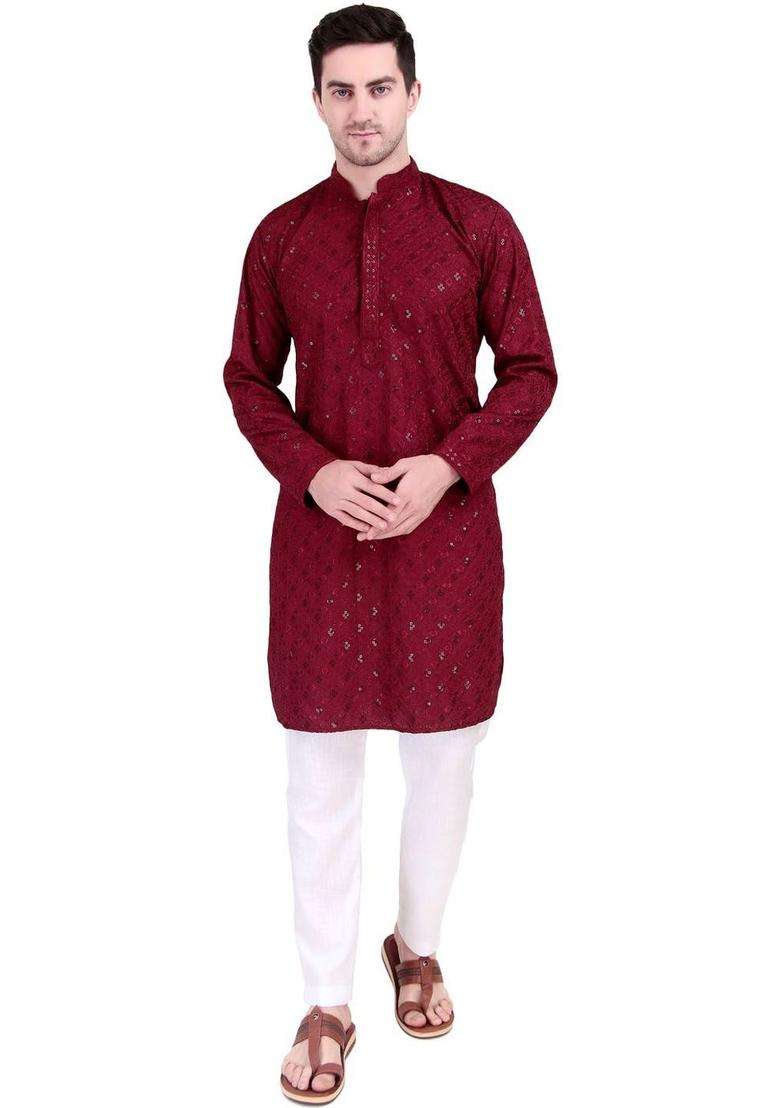 Maroon Printed Cotton Kurta Set For Men - Indya