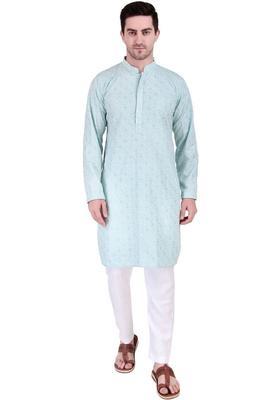 Sea Green Embroidered Cotton Kurta Set For Men