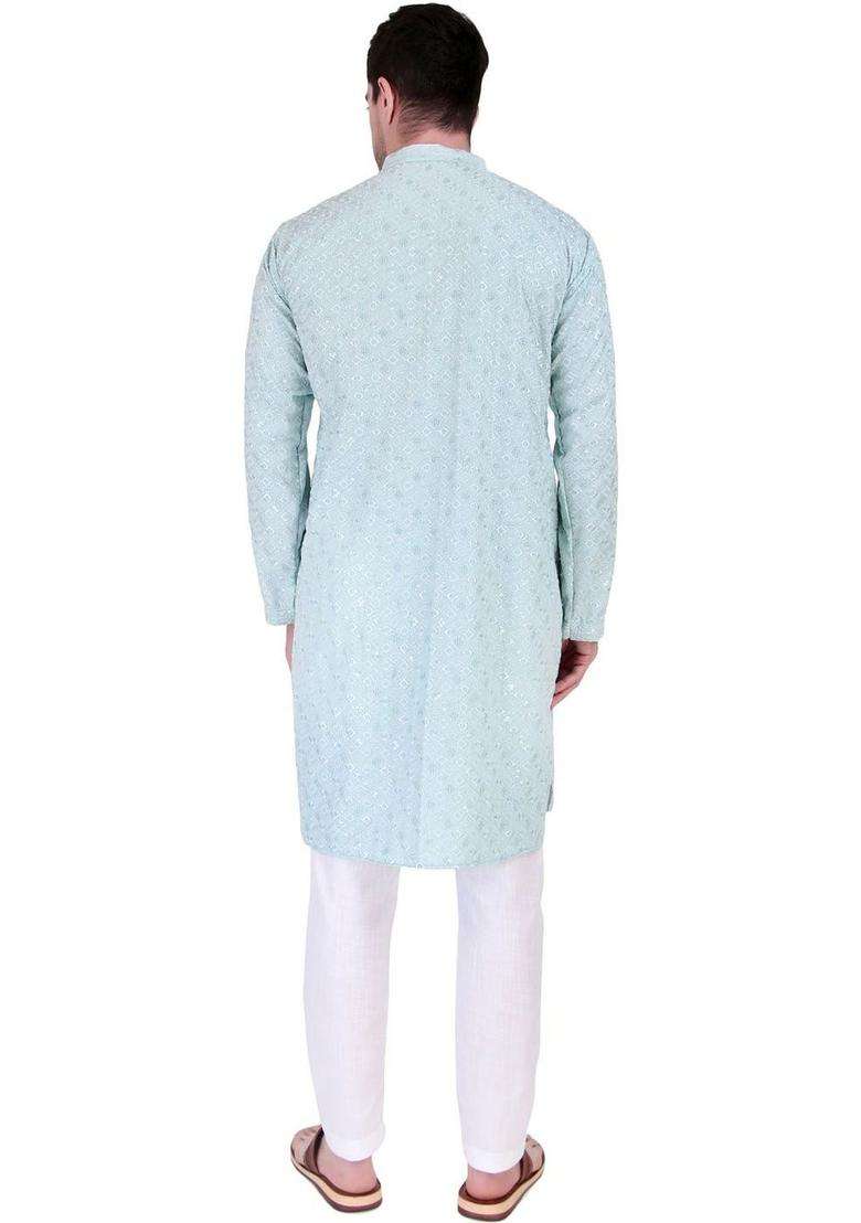 Sea Green Embroidered Cotton Kurta Set For Men - Indya