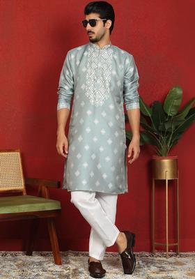Blue Woven Design Silk Kurta Set For Men