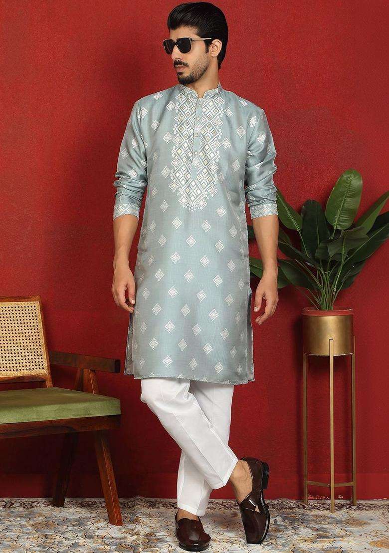 Blue Woven Design Silk Kurta Set For Men - Indya