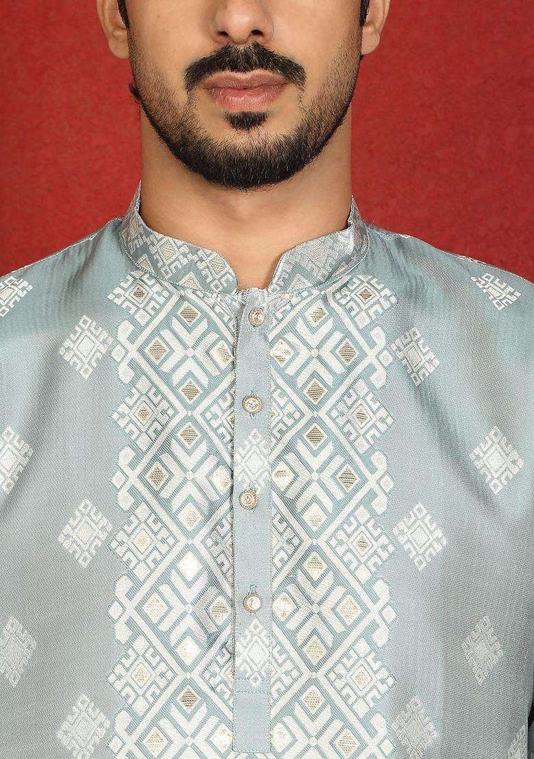Blue Woven Design Silk Kurta Set For Men - Indya