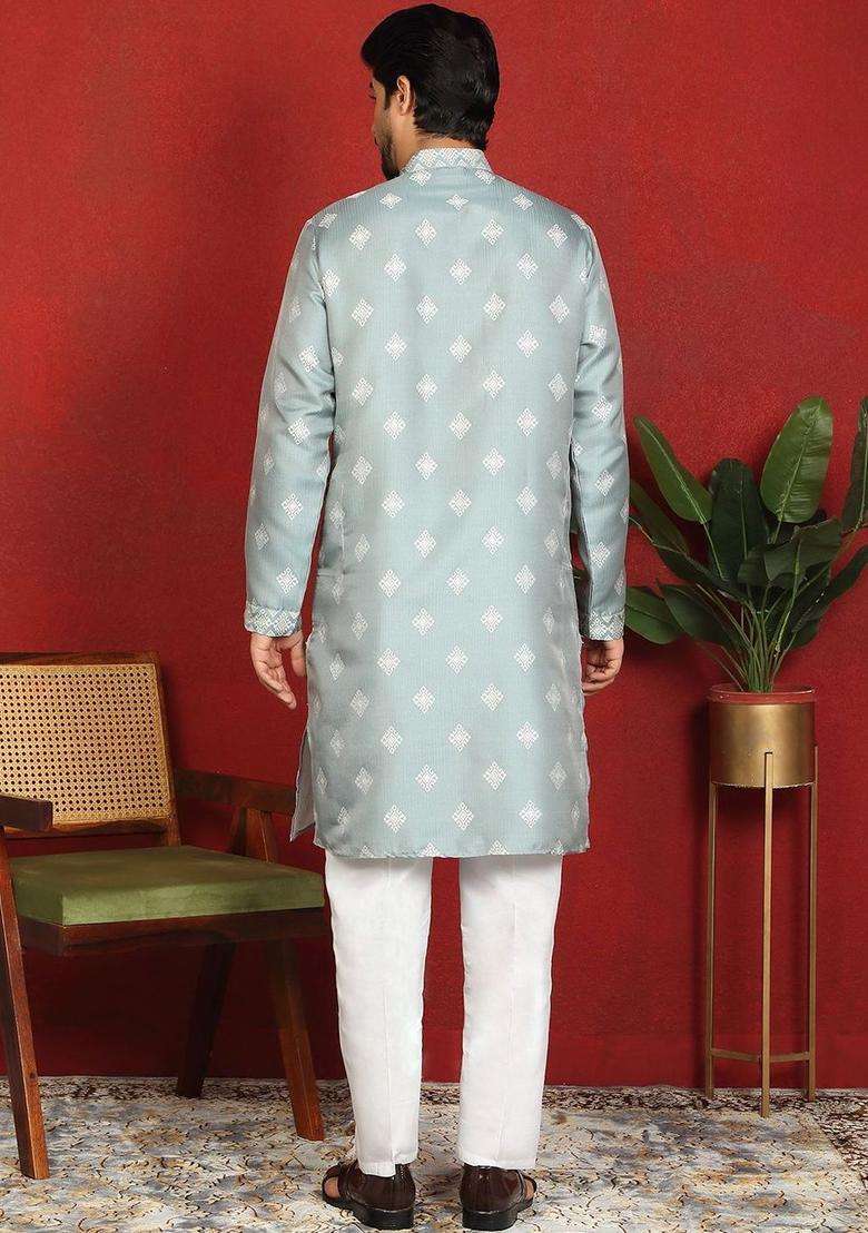 Blue Woven Design Silk Kurta Set For Men - Indya
