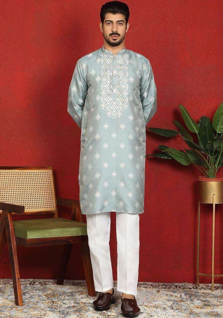 Blue Woven Design Silk Kurta Set For Men - Indya