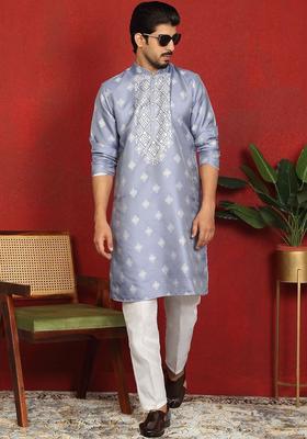 Blue Woven Design Silk Kurta Set For Men