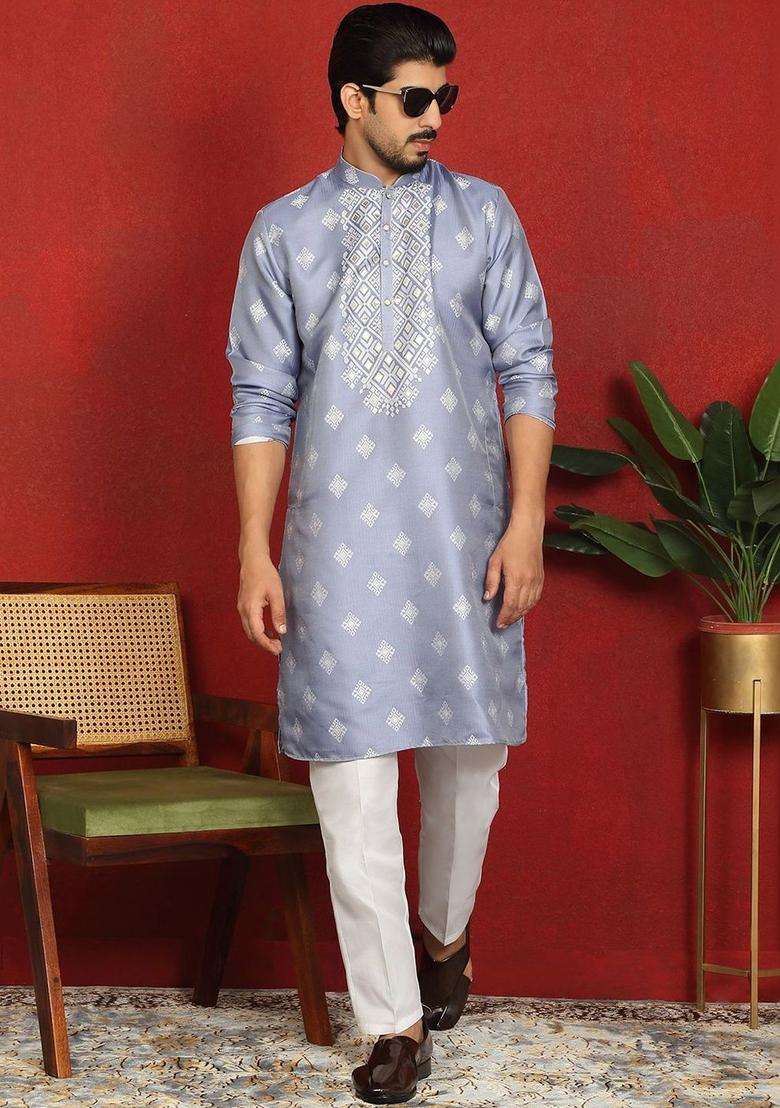 Blue Woven Design Silk Blend Kurta Set For Men - Indya