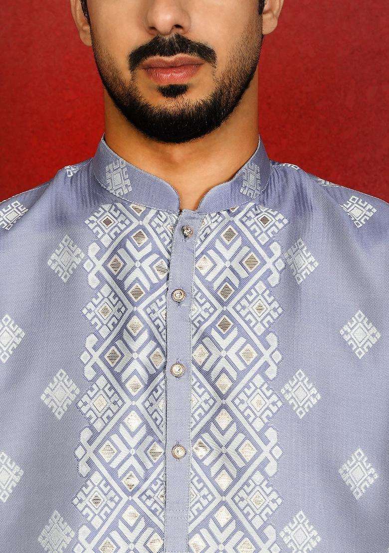 Blue Woven Design Silk Blend Kurta Set For Men - Indya