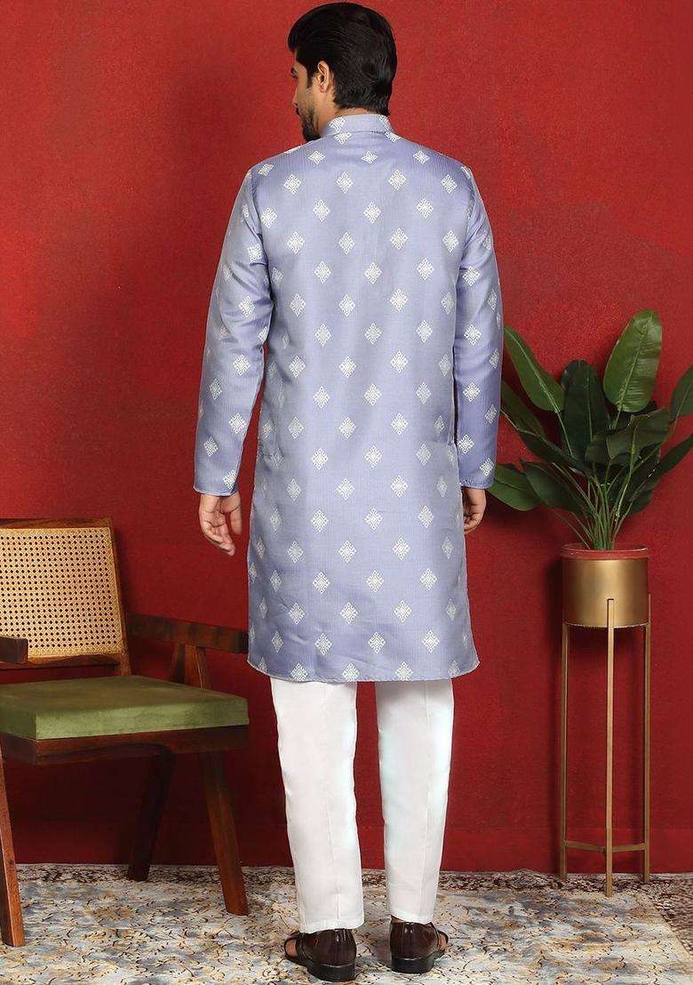 Blue Woven Design Silk Blend Kurta Set For Men - Indya