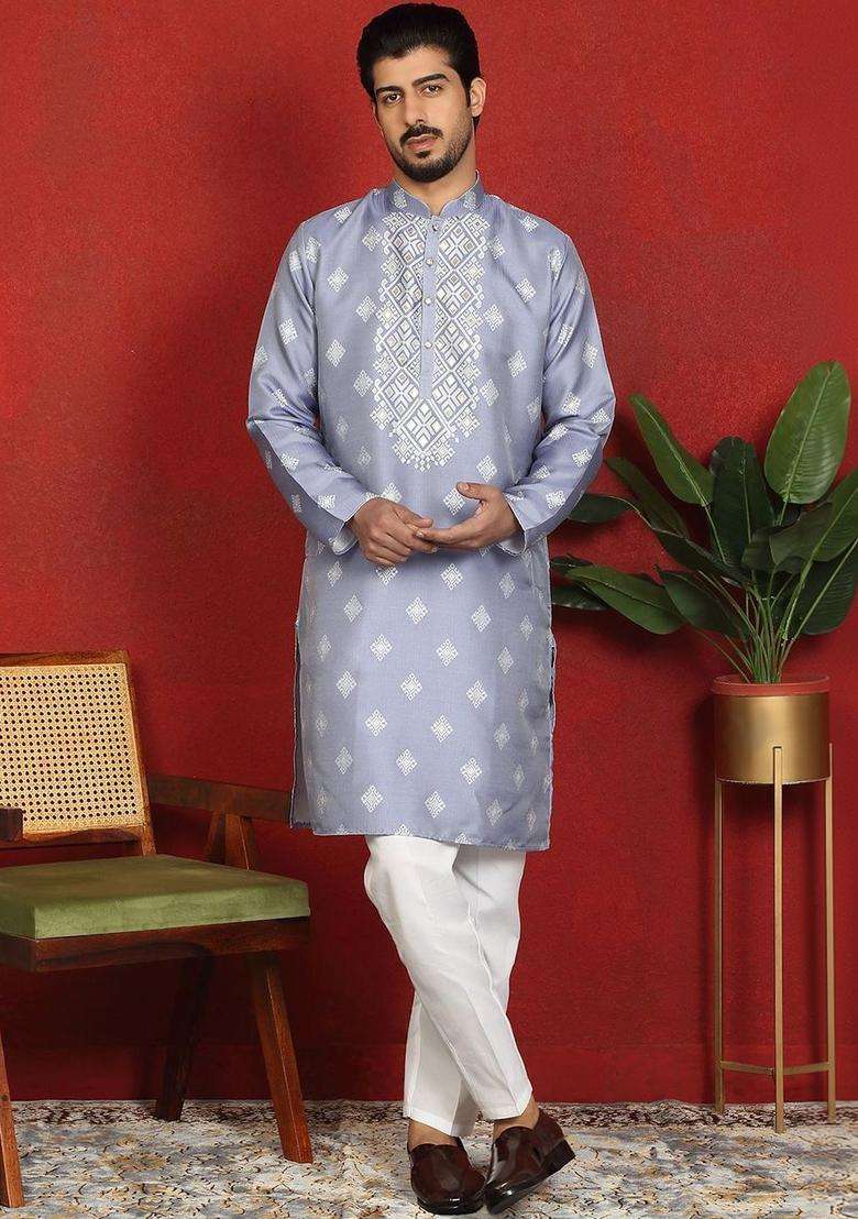 Blue Woven Design Silk Blend Kurta Set For Men - Indya