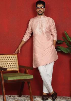 Peach Self Design Silk Kurta Set For Men
