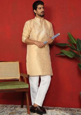 Beige Self Design Silk Kurta Set For Men