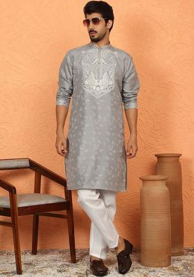 Grey Embroidered Silk Kurta Set For Men