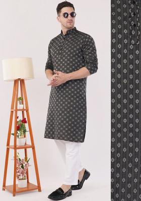 Grey Printed Cotton Kurta Set For Men