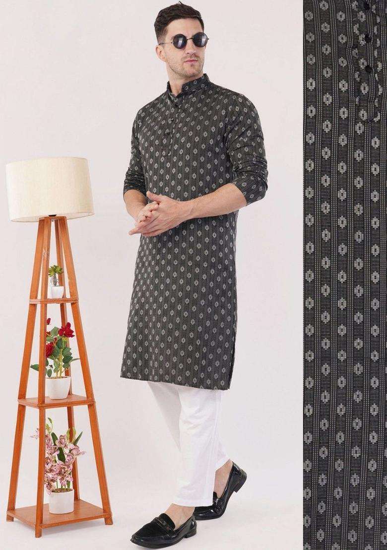 Grey Printed Cotton Kurta Set For Men - Indya