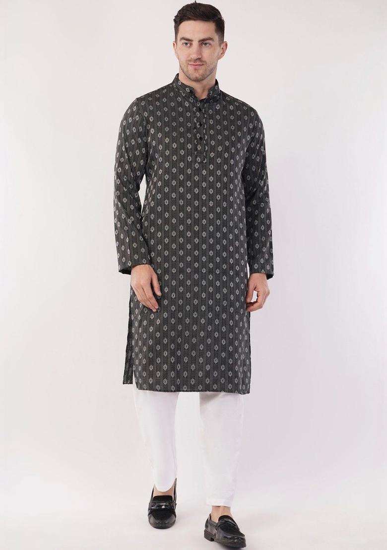 Grey Printed Cotton Kurta Set For Men - Indya