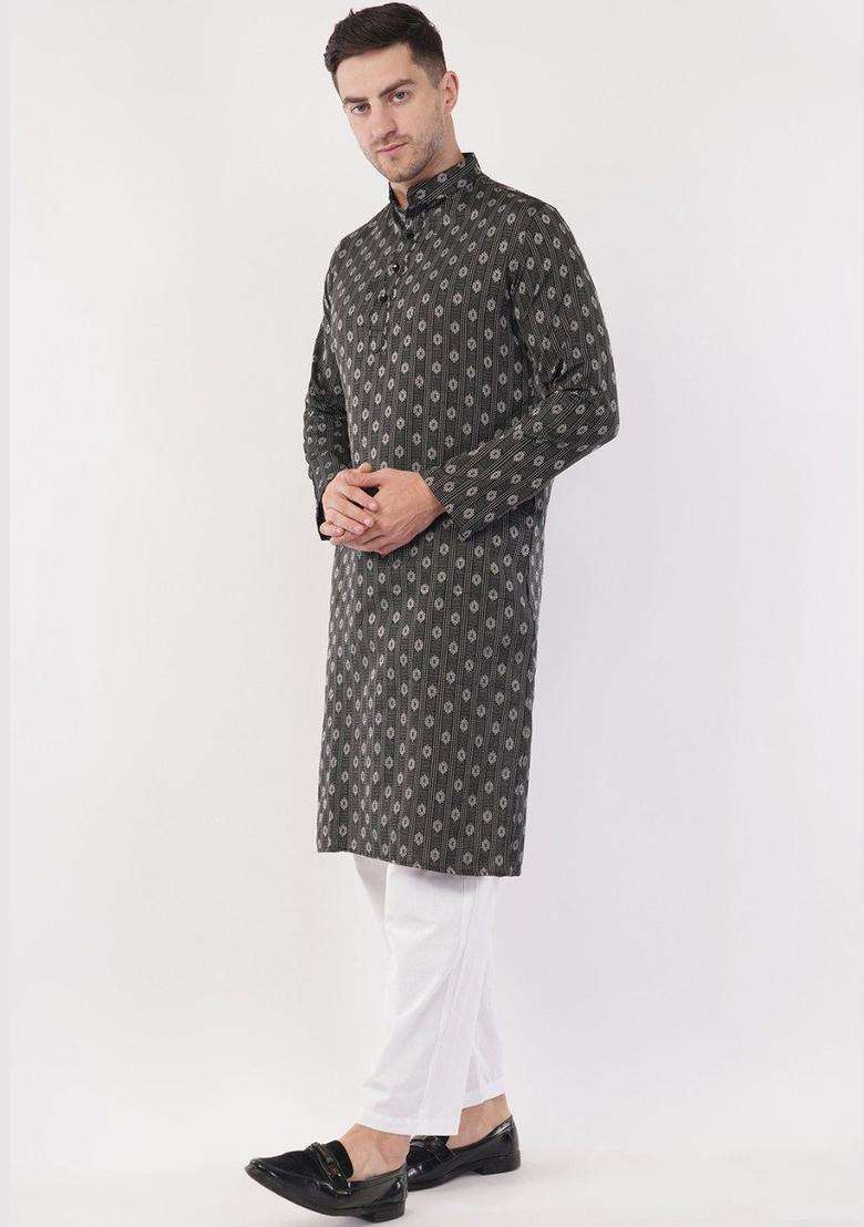 Grey Printed Cotton Kurta Set For Men - Indya