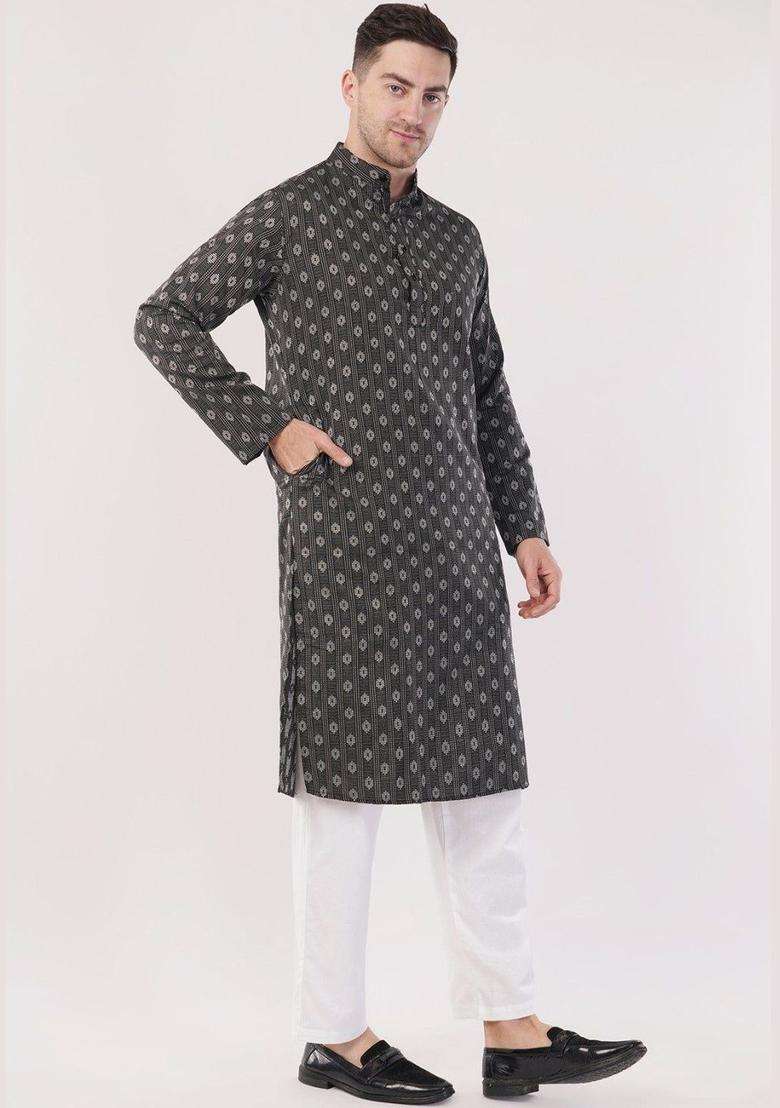 Grey Printed Cotton Kurta Set For Men - Indya