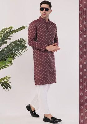 Maroon Printed Cotton Kurta Set For Men