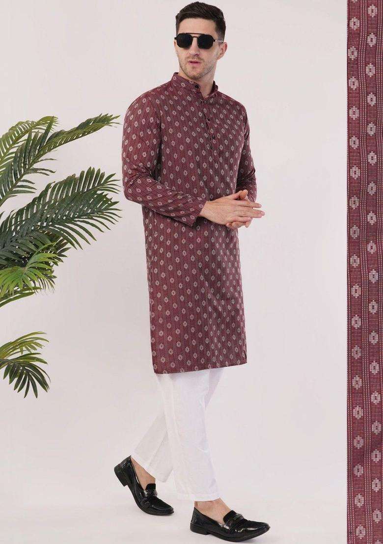 Maroon Printed Cotton Kurta Set For Men - Indya