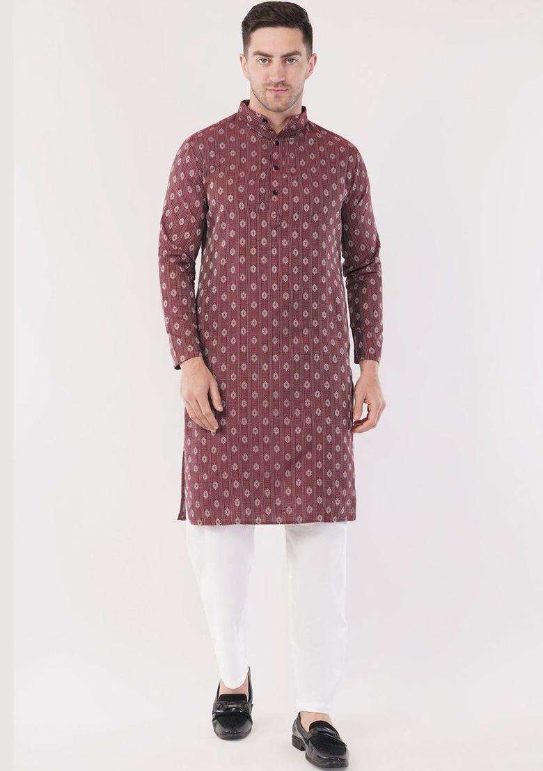 Maroon Printed Cotton Kurta Set For Men - Indya