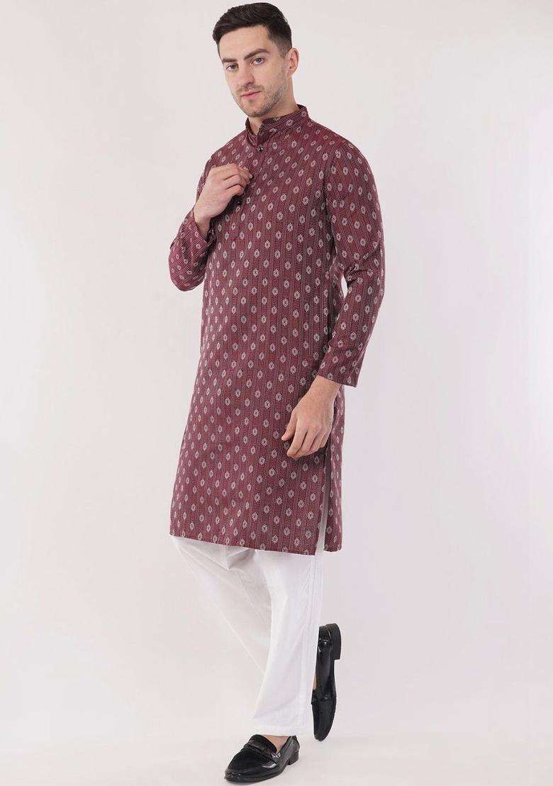 Maroon Printed Cotton Kurta Set For Men - Indya