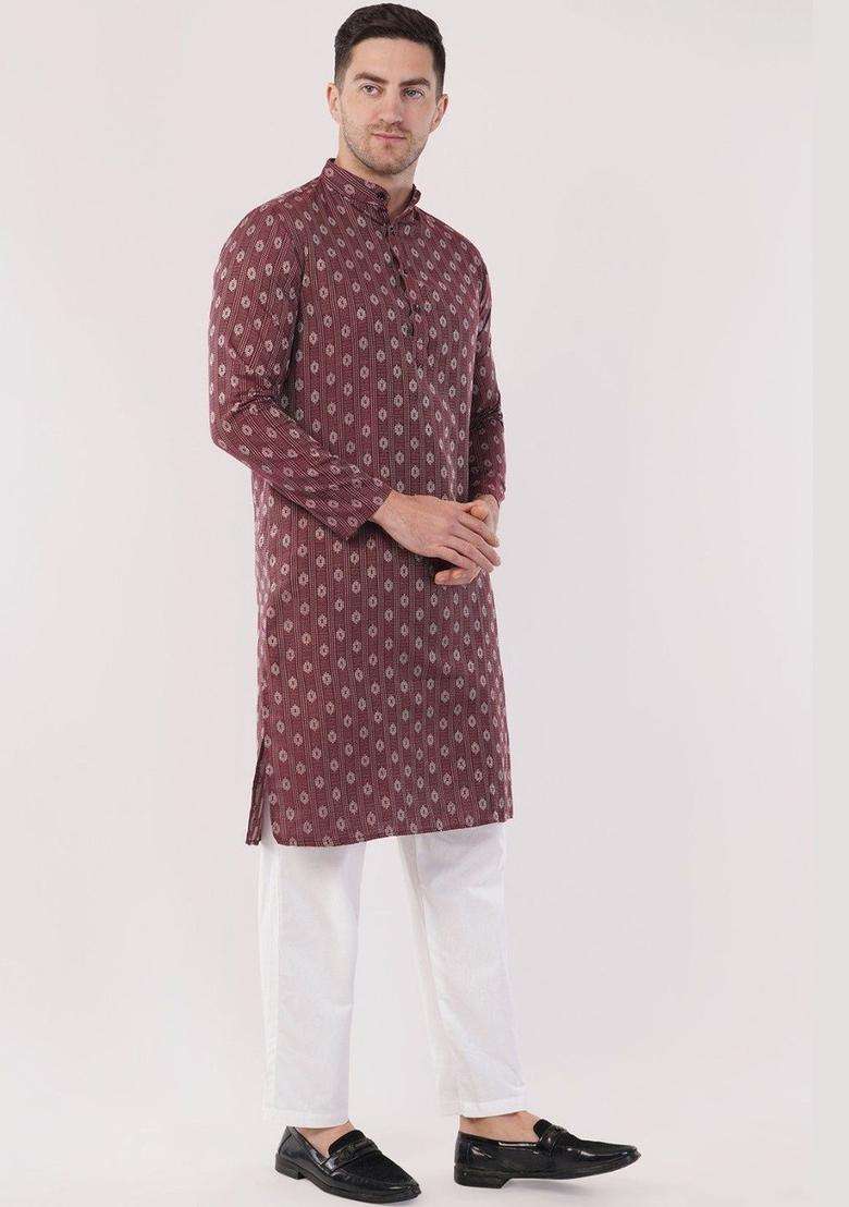 Maroon Printed Cotton Kurta Set For Men - Indya