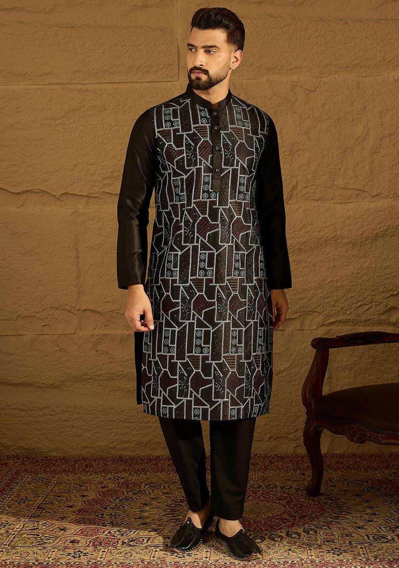 Black Printed Silk Kurta Set For Men - Indya