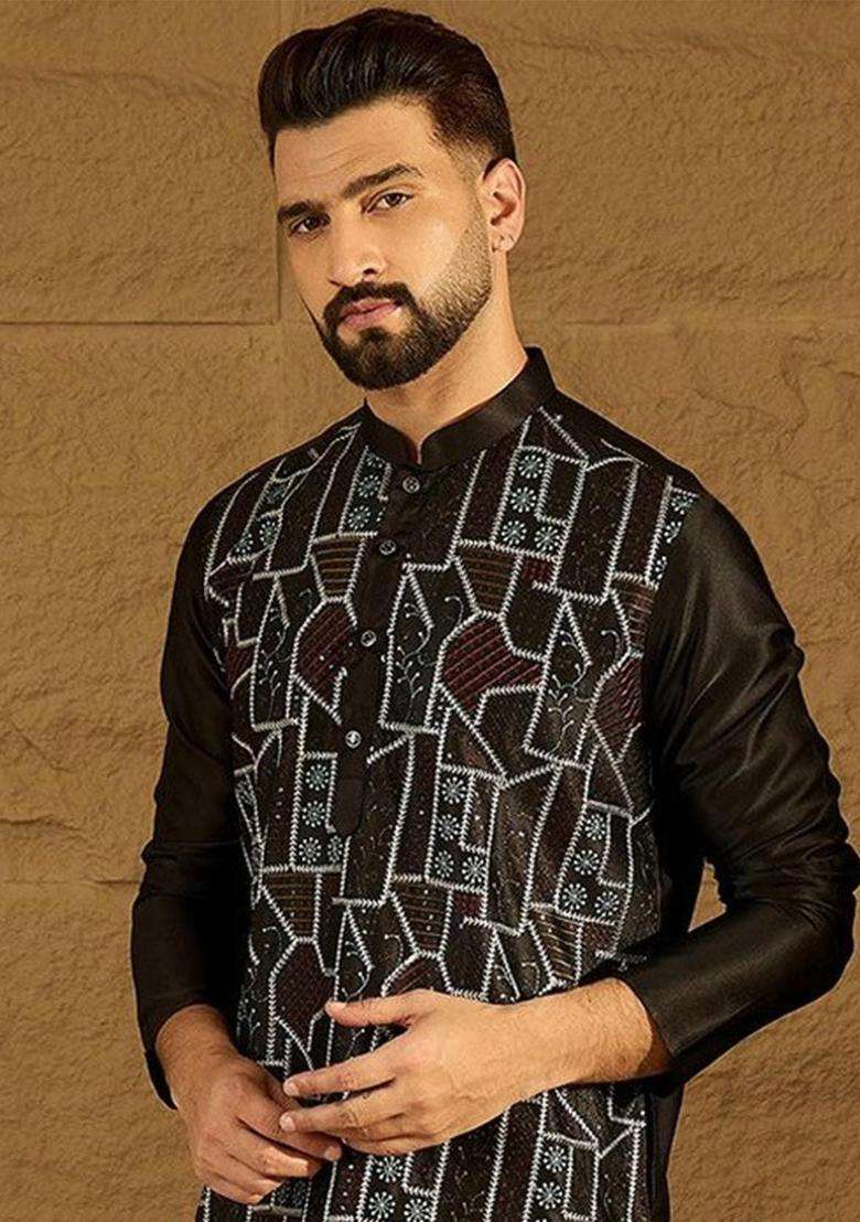 Black Printed Silk Kurta Set For Men - Indya