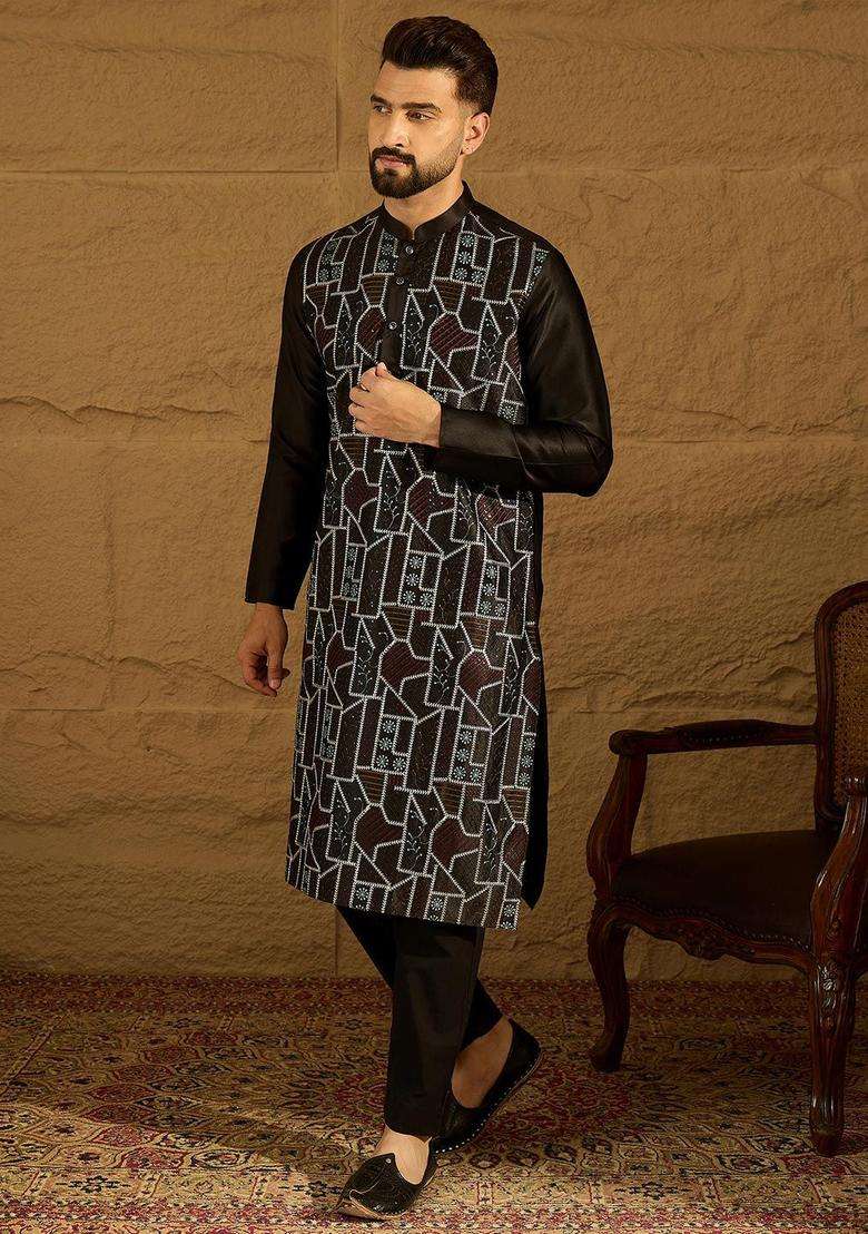 Black Printed Silk Kurta Set For Men - Indya