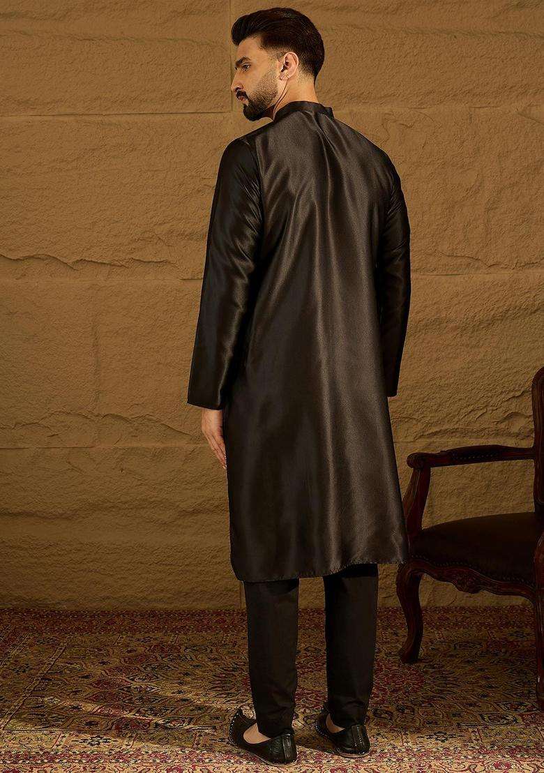 Black Printed Silk Kurta Set For Men - Indya