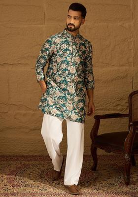 Teal Printed Silk Kurta Set For Men