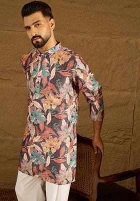 Multi Printed Silk Kurta Set For Men